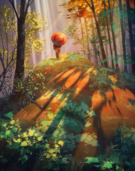 Rule 34 | 1other, ambiguous gender, artist name, commentary, english commentary, evening, forest, from behind, highres, nature, oil-paper umbrella, original, outdoors, procreate (medium), rajawat, scenery, shadow, standing, tree, umbrella, very wide shot