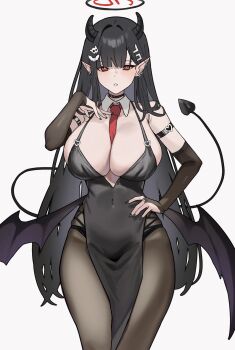 1girl bare_shoulders black_dress black_gloves black_hair black_halo black_panties blue_archive blunt_bangs breasts bridal_gauntlets bright_pupils choker cleavage demon_girl demon_horns demon_tail demon_wings detached_collar dress ear_piercing elbow_gloves gloves hair_ornament hairclip halloween halo hand_on_own_hip heart heart_o-ring highres horns kevinlim39 large_breasts long_hair looking_at_viewer multicolored_halo necktie o-ring o-ring_arm_strap panties pantyhose parted_lips pelvic_curtain piercing pointy_ears red_eyes red_halo red_necktie rio_(blue_archive) solo tail two-tone_halo underwear very_long_hair white_background white_pupils wings