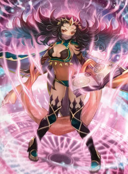1girl black_bridal_gauntlets black_hair blue_panties bodystocking book breasts bridal_gauntlets circlet facial_mark fire_emblem fire_emblem_cipher fire_emblem_fates forehead_mark highres holding holding_book marue messy_hair mouth_veil nintendo nyx_(fire_emblem) official_art panties red_eyes small_breasts solo third-party_source two-tone_legwear underwear veil