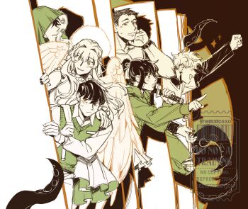 Rule 34 | 2girls, 4boys, bag, book, cloak, drop shadow, everyone, feathered wings, grin, hand on another's shoulder, highres, holding, holding sword, holding weapon, hood, hood up, hooded cloak, kim dokja, kim namwoon, lee hyunsung, lee jihye, limited palette, long hair, multiple boys, multiple girls, nemomosso, oldest dream, omniscient reader's viewpoint, open book, outstretched arm, over shoulder, pointing, ponytail, raised fist, secretive plotter, shoulder bag, smile, sword, tentacles, uriel (omniscient reader's viewpoint), vest, watch, weapon, weapon over shoulder, wings, wristwatch, yoo joonghyuk