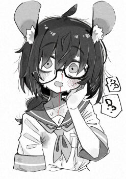1girl ? ?? absurdres animal_ears blood deal360acv glasses highres monochrome mouse_ears mouse_girl nazrin school_uniform tears touhou