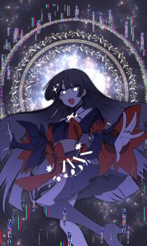 1girl absurdres asymmetrical_legwear black_dress black_hair black_sleeves blunt_bangs boots bow bridal_gauntlets brooch chain dress film_grain foot_out_of_frame galaxy glitch glowing glowing_eyes hair_ornament halter_dress halterneck high_heels highres hime_cut jewelry leg_up looking_at_viewer looking_down moon_phases nijisanji no_pupils open_mouth pleated_dress red_bow red_dress short_dress single_thigh_boot smile solo space star_(symbol) star_brooch star_hair_ornament star_symbol_background static thigh_boots tsukino_mito tsuukon_(tukonn) two-tone_dress virtual_youtuber white_eyes