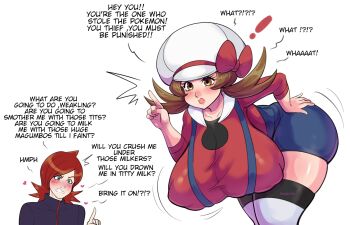 1boy 1girl alternate_breast_size bent_over blush breasts brown_eyes brown_hair covered_erect_nipples english_text hand_on_own_hip hat highres huge_breasts index_finger_raised lyra_(pokemon) nintendo pinkkoffin pokemon pokemon_hgss silver_(pokemon) simple_background thick_thighs thighhighs thighs