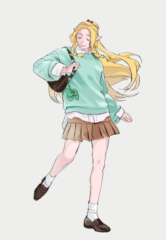 1girl absurdres aqua_sweater bag bag_bow blonde_hair bow braid brown_bag brown_shoes brown_skirt closed_eyes closed_mouth collared_shirt daki_daily dungeon_meshi elf full_body green_bow grey_background hair_ribbon half_updo highres light_smile loafers long_hair marcille_donato parted_bangs pleated_skirt pointy_ears red_ribbon ribbon shirt shirt_under_sweater shoes shoulder_bag skirt socks solo sweater twin_braids white_shirt white_socks
