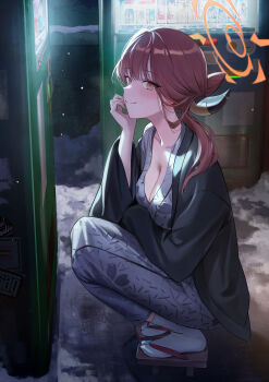 Rule 34 | 1girl, absurdres, arm under breasts, aru (blue archive), black robe, blue archive, blush, breasts, cleavage, collarbone, full body, geta, halo, highres, horns, japanese clothes, kimono, large breasts, looking at viewer, night, okkimon, outdoors, pink hair, robe, snow, socks, solo, squatting, vending machine, yellow eyes