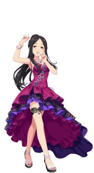 Rule 34 | 1girl, black hair, breasts, cleavage, dress, forehead, full body, hiiragi shino, idol clothes, idolmaster, idolmaster cinderella girls, idolmaster cinderella girls starlight stage, nail polish, official art, ponytail, sandals, solo, toes, transparent background