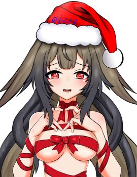 1girl absurdres animal_ears bare_shoulders breasts brown_hair commentary droopy_ears english_commentary fox_ears fox_girl hair_ornament hat highres large_breasts long_hair looking_at_viewer nude red_eyes ribbon santa_hat solo vankart very_long_hair ye_shunguang zenless_zone_zero