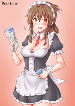 alternate_costume anti_(untea9) apron between_breasts black_dress breasts brown_eyes brown_hair cigarette cigarette_pack cleavage cowboy_shot detached_collar dress enmaided folded_ponytail framed_breasts hat highres holding holding_cigarette_pack inazuma_(kancolle) kantai_collection long_hair maid maid_apron maid_headdress necktie necktie_between_breasts newsboy_cap open_mouth puffy_short_sleeves puffy_sleeves red_background red_necktie short_sleeves small_breasts twitter_username waist_apron white_apron wrist_cuffs