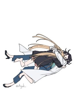 2girls a_jak ahoge barefoot black_hair black_shirt black_shoes blonde_hair blue_pants cho_kaguya-hime! falling full_body high_heels highres hug kaguya_(cho_kaguya-hime!) lab_coat long_hair long_sleeves medium_hair mole mole_under_eye multiple_girls open_mouth pants pink_shorts sakayori_iroha shirt shoes shorts sidelocks simple_background three-quarter_sleeves white_background yuri