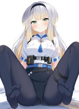 1girl animal_ears belt black_hairband blonde_hair blush breasts dog_ears dog_girl hairband highres kurono_yuzuko large_breasts looking_at_viewer nijisanji no_shoes paid_reward_available pantyhose pantyhose_under_shorts parted_lips shioriha_ruri shioriha_ruri_(1st_costume) shorts soles solo sweatdrop virtual_youtuber white_background yellow_eyes