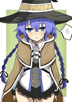 Rule 34 | 1girl, :t, absurdres, arms at sides, black ribbon, blue eyes, blue hair, blush, border, braid, brown cape, brown capelet, cape, capelet, collared shirt, commentary request, cowboy shot, crossed bangs, green background, hair ribbon, hat, highres, long hair, looking at viewer, mushoku tensei, outside border, ribbon, roxy migurdia, shirt, skirt, sleeves past wrists, solo, spoken blush, suberaku, twin braids, white border, white shirt, witch hat