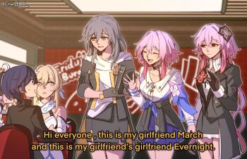6+girls belle_(zenless_zone_zero) blonde_hair blue_hair cesar_zebrah commentary english_commentary english_text evernight_(honkai:_star_rail) genshin_impact grey_hair highres honkai:_star_rail honkai_(series) honkai_impact_3rd kiana_kaslana kiana_kaslana_(white_comet) long_hair lumine_(genshin_impact) march_7th_(honkai:_star_rail) march_7th_(preservation)_(honkai:_star_rail) meme multiple_girls pink_hair red_eyes restaurant stelle_(honkai:_star_rail) this_is_my_girlfriend_and_this_is_my_girlfriend&#039;s_girlfriend_(meme) trailblazer_(honkai:_star_rail) yellow_eyes yuri zenless_zone_zero