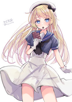Rule 34 | 1girl, absurdres, black neckerchief, blonde hair, blue eyes, blue sailor collar, blush, candy, chocolate, chocolate bar, commentary request, dress, eating, food, gloves, hair between eyes, hat, highres, hizaka, jervis (kancolle), kantai collection, long hair, looking at viewer, neckerchief, one-hour drawing challenge, sailor collar, sailor dress, sailor hat, short sleeves, signature, solo, twitter username, white background, white dress, white gloves, white hat