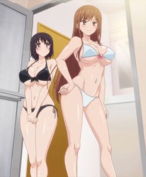 2girls anime_screenshot ass ayane_shirakawa bikini black_bikini black_hair breasts brown_hair cleavage curvy highres huge_ass huge_breasts kotone_shirakawa large_breasts long_hair multiple_girls overflow_(anime) short_hair siblings swimsuit white_bikini
