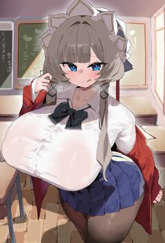 1girl :q alternate_breast_size_(larger) alternate_costume arm_behind_back black_bow black_bowtie blue_eyes blue_skirt blunt_bangs blush bow bowtie breasts bright_pupils brown_pantyhose buttons chalkboard chinese_commentary classroom closed_mouth collared_shirt commentary_request covered_erect_nipples cowboy_shot day desk genshin_impact grey_hair hair_intakes hair_ornament hand_up headband heavy_breathing highres huge_breasts indoors jacket long_sleeves looking_at_viewer miniskirt no_bra off_shoulder open_clothes open_jacket pantyhose pleated_skirt raised_eyebrows red_jacket romantic_meow sandrone_(genshin_impact) school_desk school_uniform see-through_clothes see-through_shirt shirt short_hair_with_long_locks sidelocks skirt sleeves_past_wrists solo sweat tongue tongue_out wet wet_clothes wet_shirt white_headband white_pupils white_shirt window wooden_floor x_hair_ornament
