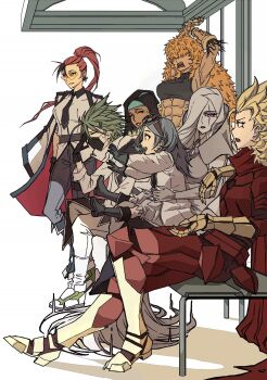 apoloniodraws ben_10 dark-skinned_female dark_skin four_arms_(ben_10) genderswap genderswap_(mtf) ghostfreak grey_matter_(ben_10) heatblast highres long_hair mask mouth_mask multiple_girls muscular muscular_female omnitrix ripjaws short_hair sitting talking wildmutt xlr8