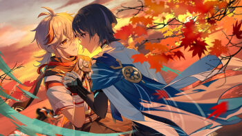 2boys absurdres antenna_hair armor bandaged_arm bandaged_hand bandages black_hair black_scarf blunt_ends bodysuit cape closed_mouth crossed_bangs eyeliner fingerless_gloves genshin_impact gloves gold hair_between_eyes hakama hakama_shorts highres holding_hands japanese_armor japanese_clothes kaedehara_kazuha kimono leaf long_hair makeup male_focus maple_leaf maple_tree multicolored_hair multiple_boys ponytail purple_eyes red_eyeliner red_eyes red_hair scaramouche_(genshin_impact) scarf short_hair short_sleeves shorts smile streaked_hair tassel tree user_nkua8828 wanderer_(genshin_impact) white_hair yaoi