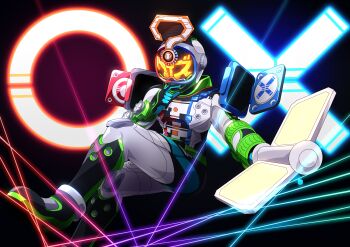 Rule 34 | 1boy, ?, absurdres, beyondriver, black background, book, commentary, compound eyes, crossed legs, finger to mouth, highres, holding, holding book, kamen rider, kamen rider woz, kamen rider woz (futurering quiz), kamen rider zi-o (series), male focus, multicolored armor, orange eyes, otokamu, quiz, quiz miridewatch