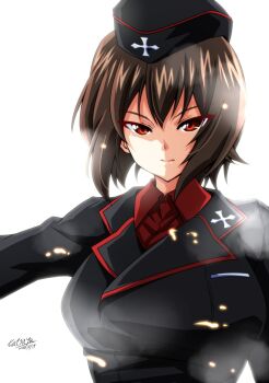 Rule 34 | 1girl, black hat, black jacket, breasts, brown eyes, brown hair, cross, dress shirt, eyes visible through hair, fog, garrison cap, girls und panzer, hair between eyes, hat, iron cross, jacket, kuromorimine military uniform, large breasts, long sleeves, looking at viewer, military, military hat, military jacket, military uniform, nishizumi maho, red shirt, serious, shirt, short hair, signature, simple background, solo, solo focus, sparkle, tatsuya (guild plus), upper body, white background