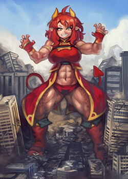 1girl :d abs ahoge arms_up bare_shoulders blue_sky breasts city claw_pose commentary demon_tail fingerless_gloves giant giantess gloves horns large_breasts looking_down muscular muscular_female navel open_mouth original pointy_ears red_gloves red_hair red_shoes sharp_teeth shoes sky sleeveless smile tail teeth yellow_eyes yilx