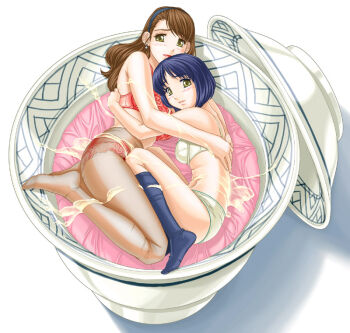 2girls apple_pie_(artist) blue_hair bra brown_hair cum cum_in_container cum_in_cup cum_on_body cum_on_lower_body cum_on_upper_body cup earrings fetal_position hairband hug jewelry lingerie lipstick long_hair looking_at_viewer lying makeup mini_person minigirl multiple_girls panties pantyhose red_bra red_panties short_hair underwear white_bra white_panties
