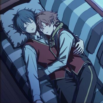 2boys ace_trappola black_hair closed_eyes couch deuce_spade hand_on_another's_waist iceee63 long_sleeves lying male_focus multiple_boys on_back open_mouth pillow red_hair sleeping twisted_wonderland