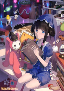 1girl black_hair blue_eyes blue_hat blue_shirt blue_shorts book bookmark bookshelf card closed_mouth commentary_request double_bun flask frilled_pillow frilled_shirt frilled_shorts frills hair_bun hat highres holding holding_book liclac long_hair looking_at_viewer mushroom nightcap original pentagram pillow puffy_short_sleeves puffy_sleeves round-bottom_flask shirt short_shorts short_sleeves shorts sitting solo spade_(shape) straw_doll stuffed_animal stuffed_rabbit stuffed_toy very_long_hair watermark web_address