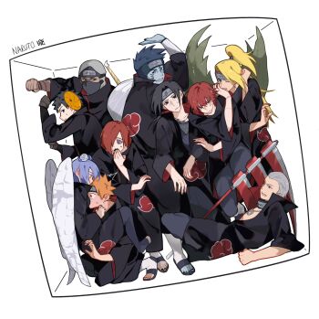 akatsuki_uniform anger_vein angry annoyed aptx20000 bag black_eyes black_nails blue_eyes blue_skin box colored_skin covering_own_mouth dark_skin deidara_(naruto) doll_joints everyone grin hair_bun hand_over_own_mouth headband hidan_(naruto) high_ponytail highres hoshigaki_kisame joints kakuzu_(naruto) konan_(naruto) low_ponytail lying mask medium_hair nagato_(naruto) naruto_(series) naruto_shippuuden on_back one_eye_closed ponytail purple_eyes red_hair sandals sasori_(naruto) scythe sharp_teeth short_hair shoving simple_background smile squishing stitched_arm stitches surprised teeth uchiha_itachi uchiha_obito white_background wings yahiko_(naruto) yellow_eyes zetsu_(naruto)