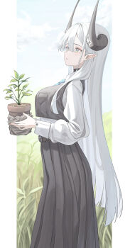 1girl absurdres aqua_necktie belt black_horns black_skirt border brown_belt cake_walker collared_shirt commentary feet_out_of_frame fingernails flower_pot from_side grass green_eyes hair_between_eyes hair_over_shoulder highres holding holding_flower_pot horns long_fingernails long_hair long_skirt long_sleeves mole mole_under_eye necktie original outdoors parted_lips pointy_ears shirt skirt solo symbol-only_commentary thea_(nekojira) white_border white_shirt