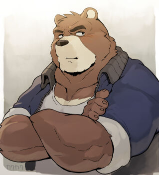 1boy absurdres animal_ears artist_name bara bear_boy bear_ears blue_jacket blush brown_fur claws closed_mouth commentary furry furry_male highres jacket juuichi_mikazuki kakukaku_(kakukaku023) looking_to_the_side male_focus morenatsu muscular muscular_male tank_top track_jacket translated white_tank_top