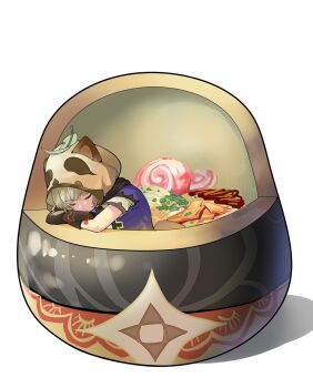 Rule 34 | 1girl, animal ears, brown hair, closed mouth, commentary request, fake animal ears, food, genshin impact, highres, hood, hood up, leaf, leaf on head, ning jimu, ninja, noodles, raccoon ears, ramen, sayu (genshin impact), shadow, short hair, simple background, sleeping, solo, white background