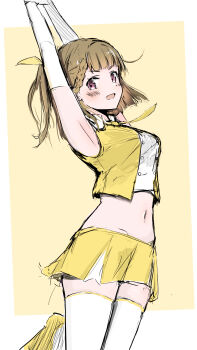 Rule 34 | 1girl, :d, armpits, arms up, braid, breasts, brown hair, buttons, commentary request, cowboy shot, double-breasted, floating neckwear, highres, jumping, k0me k1me, kachimachi kosuzu, link! like! love live!, looking at viewer, love live!, medium breasts, medium hair, midriff, miniskirt, navel, necktie, one side up, open mouth, pink eyes, pleated skirt, proof (love live!), shirt, shoes, side braid, simple background, skirt, sleeveless, sleeveless shirt, smile, solo, thighhighs, virtual youtuber, white thighhighs, yellow background, yellow necktie, yellow shirt, yellow shoes, yellow skirt, zettai ryouiki