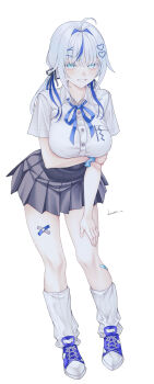 Rule 34 | 1girl, absurdres, ahoge, aokumo rin, bandaid, bandaid on leg, black skirt, blue hair, blue ribbon, blue shoes, breasts, collared shirt, commentary, full body, grey hair, highres, large breasts, looking at viewer, loose socks, neck ribbon, ribbon, school uniform, shirt, shoes, short sleeves, signature, simple background, skirt, smile, socks, solo, standing, stellive, symbol-only commentary, vini (frisco), virtual youtuber, white background, white shirt, white socks