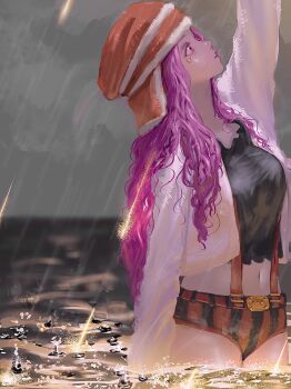 1girl absurdres anti-eyebrow_piercing arm_up black_shorts breasts brown_shorts commentary_request face_piercing hat highres jacket jewelry_bonney large_breasts long_hair navel one_piece orange_hat outdoors overcast piercing purple_eyes purple_hair purple_lips rain shorts sky solo striped_clothes striped_shorts suspenders vitagazer white_jacket