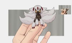 1boy 1girl black_skin bug claws colored_skin ethersito extra_arms faputa highres holding insect looking_at_viewer made_in_abyss mini_person minigirl monster_girl moth multiple_tails pov pov_hands reference_photo tail white_hair yellow_eyes