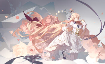 1girl absurdres crown dress flower full_body hair_between_eyes hair_ornament high_heels highres juliet_sleeves kneeling liulianjingrua long_hair long_sleeves looking_at_viewer original pink_flower pink_hair puffy_long_sleeves puffy_sleeves ribbon skirt skirt_hold swept_bangs very_long_hair white_dress white_skirt