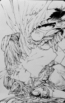 Rule 34 | 1girl, crying, dress, dual persona, greyscale, kandori makoto, long hair, mask, monochrome, nintendo, parted lips, pauldrons, pointy ears, princess zelda, sheik, shoulder armor, sideways, solo, the legend of zelda, the legend of zelda: ocarina of time, traditional media, triforce, turban