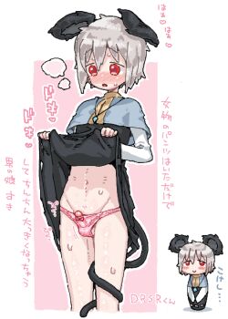 Rule 34 | 1boy, animal ears, black dress, blue capelet, blush, bow, bow panties, capelet, cookie (touhou), cowboy shot, dorasiro (cookie), dress, grey hair, male focus, man (man-room), mouse ears, mouse tail, nazrin, nose blush, open mouth, panties, penis, pink background, pink panties, red eyes, shirt, short hair, solo, tail, touhou, translation request, trap, two-tone background, uncensored, underwear, white background, white shirt