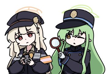 Rule 34 | 2girls, aoba (blue archive), black hat, blonde hair, blue archive, dot nose, gem alert (meme), gloves, green hair, halo, hat, highres, hikari (blue archive), holding, holding magnifying glass, holding phone, jacket, long hair, long sleeves, looking through magnifying glass, magnifying glass, meme, multiple girls, newsboy cap, one eye closed, phone, pointy ears, raw beef, red circle, red eyes, simple background, sitting, upper body, white background, white gloves, yellow eyes
