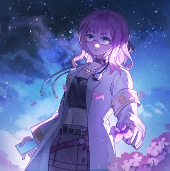 1girl armband baijie_lucerole belt black_choker black_shirt blue_eyes brown_skirt cellphone choker closed_mouth cloud coat cowboy_shot crop_top falling_petals flower glasses heaven_burns_red highres higuchi_seika holding holding_flower holding_phone jewelry lab_coat ladra long_hair long_sleeves looking_at_viewer medium_hair midriff miniskirt navel necklace night night_sky open_clothes open_coat outdoors petals phone pink_flower pink_hair semi-rimless_eyewear shirt skirt sky smartphone smile solo star_(sky) star_(symbol) starry_sky strapless tube_top under-rim_eyewear white_coat