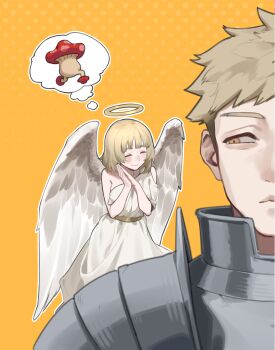 1boy 1girl absurdres angel armor bare_shoulders blonde_hair breastplate breasts brother_and_sister dress dungeon_meshi falin_touden halo highres laios_touden large_breasts medium_hair mushroom outline short_hair shoulder_angel siblings speech_bubble thought_bubble waxgourd white_outline wings yellow_background