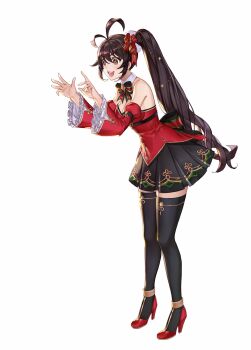 1girl antenna_hair artist_request back_ribbon black_skirt black_thighhighs breasts brooch brown_eyes brown_hair cecilia_(king's_raid) christmas commentary commentary_request detached_collar detached_sleeves dress english_commentary full_body gold_trim green_trim hair_ornament hair_ribbon hair_scrunchie hands_up high_heels highres jewelry king's_raid korean_commentary large_ribbon long_hair long_sleeves medium_breasts miniskirt mixed-language_commentary official_alternate_costume official_art open_mouth pleated_skirt red_dress red_ribbon red_shirt red_shoes red_sleeves ribbon scrunchie second-party_source shirt shoes side_ponytail skirt smile solo star-shaped_pupils star_(symbol) strapless strapless_shirt striped_ribbon symbol-shaped_pupils thighhighs very_long_hair wide_sleeves zettai_ryouiki