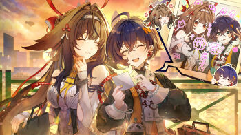 2girls absurdres animal_ears bare_shoulders belle_(delicate_sunlight)_(zenless_zone_zero) belle_(zenless_zone_zero) blue_hair blush breasts brown_hair chibi chinese_clothes closed_eyes clover clover_hair_ornament commentary_request droopy_ears green_eyes hair_between_eyes hair_intakes hair_ornament hairband highres long_hair multiple_girls multiple_views open_mouth photo_(object) red_eyes short_hair smile tgf_pic white_hairband ye_shunguang zenless_zone_zero