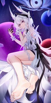 1girl barefoot feet highres liv_(pgr) long_hair looking_at_viewer panluo punishing:_gray_raven purple_eyes smile soles toes white_hair