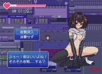 absurdres black_gloves black_legwear blush brown_eyes brown_hair bus chikuwaq city clock commentary convenient_censoring covering_privates covering_breasts crosswalk dark elbow_gloves fake_screenshot fishnet_gloves fishnets gloves hair_ornament health_bar heart highres kantai_collection looking_at_viewer motor_vehicle naughty_face night no_bra no_panties no_shoes nose_blush nude pixel_art public_indecency public_nudity scarf sendai_(kancolle) short_hair skindentation smile spread_legs sprite squatting train_station twitter_username two_side_up user_interface v-shaped_eyebrows white_scarf