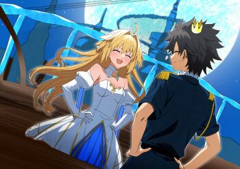 1boy 1girl absurdres ahoge archetype_earth arcueid_brunestud bare_shoulders black_hair blonde_hair chocolate closed_eyes commission crown detached_sleeves dress epaulettes fate/grand_order fate_(series) fujimaru_ritsuka_(male) fujimaru_ritsuka_(male)_(halloween_royalty) gloves hair_intakes highres liquid long_hair mini_crown moon open_mouth partially_submerged pixiv_commission sakuraisine short_hair smile sweatdrop very_long_hair white_dress white_gloves white_sleeves