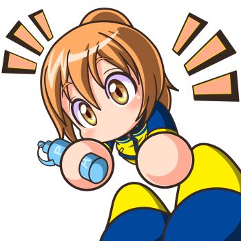 1girl absurdres blue_jacket blue_shoes bottle brown_eyes commentary_request drilljapan high_ponytail highres holding holding_bottle jacket jikkyou_powerful_pro_yakyuu jikkyou_powerful_pro_yakyuu_(style) jikkyou_powerful_soccer leaning_forward multicolored_jacket multicolored_shoes no_mouth okuzono_ayu orange_hair ponytail rayman_limbs shoes solo sports_bottle track_jacket two-tone_shoes white_background yellow_jacket yellow_shoes