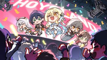&gt;_o 5girls :o ;d ahoge belle_(zenless_zone_zero) black_gloves black_jacket black_skirt blonde_hair blue_eyes bodysuit brown_hair chibi closed_mouth concert confetti dress flower genshin_impact gloves green_eyes grey_hair hair_flower hair_ornament hashtag-only_commentary highres honkai:_star_rail honkai_(series) honkai_impact_3rd in_container in_trash_can jacket kiana_kaslana kiana_kaslana_(white_comet) long_hair looking_at_viewer lumine_(genshin_impact) mihoyo multiple_girls one_eye_closed open_mouth people red_jacket rosa_(tears_of_themis) short_hair skirt smile stelle_(honkai:_star_rail) tears_of_themis trailblazer_(honkai:_star_rail) trash_can white_bodysuit white_dress white_flower white_hair yellow_eyes yoelu zenless_zone_zero
