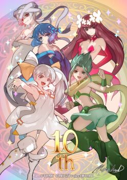 4girls bikini blue_dress blue_hair boots breasts closed_mouth crossed_arms dress flower gloves green_bikini green_eyes green_hair green_leg_warmers green_shoes green_skirt grey_hair hair_flower hair_ornament hanayo_(wixoss) hand_on_own_hip leg_warmers long_hair looking_at_viewer medium_hair midoriko_(wixoss) moreshan multiple_girls official_art open_mouth piruluk red_dress red_eyes red_gloves shoes skirt small_breasts smile spiked_hair swimsuit tama_(wixoss) ulith_(wixoss) very_long_hair white_boots white_dress white_hair wixoss