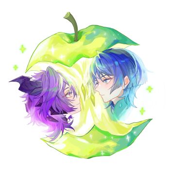 Rule 34 | 2boys, apple, appletrend, bitten apple, black horns, blue eyes, blue hair, blunt ends, closed mouth, colored eyelashes, dragon boy, dragon horns, eyelashes, eyeliner, eyeshadow, food, food bite, fruit, fruit background, genshin impact, highres, horns, looking at another, makeup, mandarin collar, mini durin (genshin impact), mini durin (human) (genshin impact), multiple boys, orange eyes, parted lips, purple hair, red eyeliner, red eyeshadow, scaramouche (genshin impact), smile, sparkle, tsurime, viviwi, wanderer (genshin impact), white background, white mouth